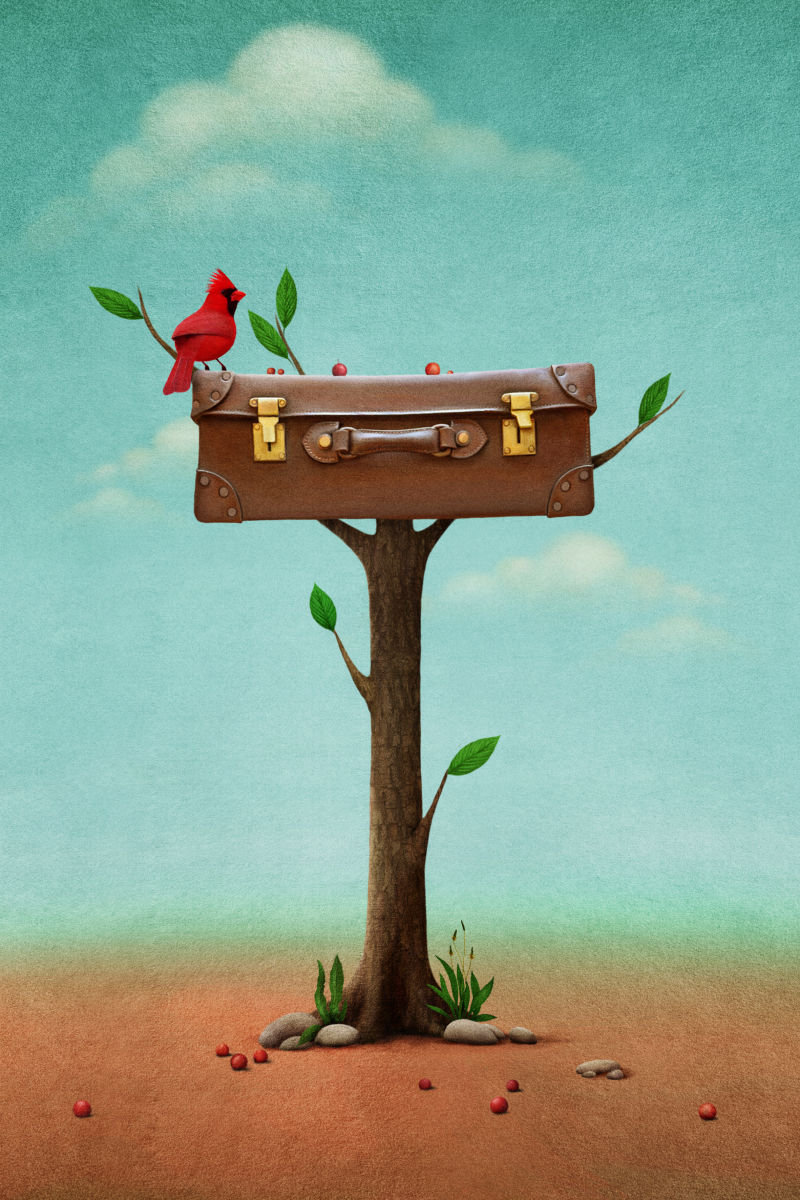 抽象卡通古董信箱上的小红鸟