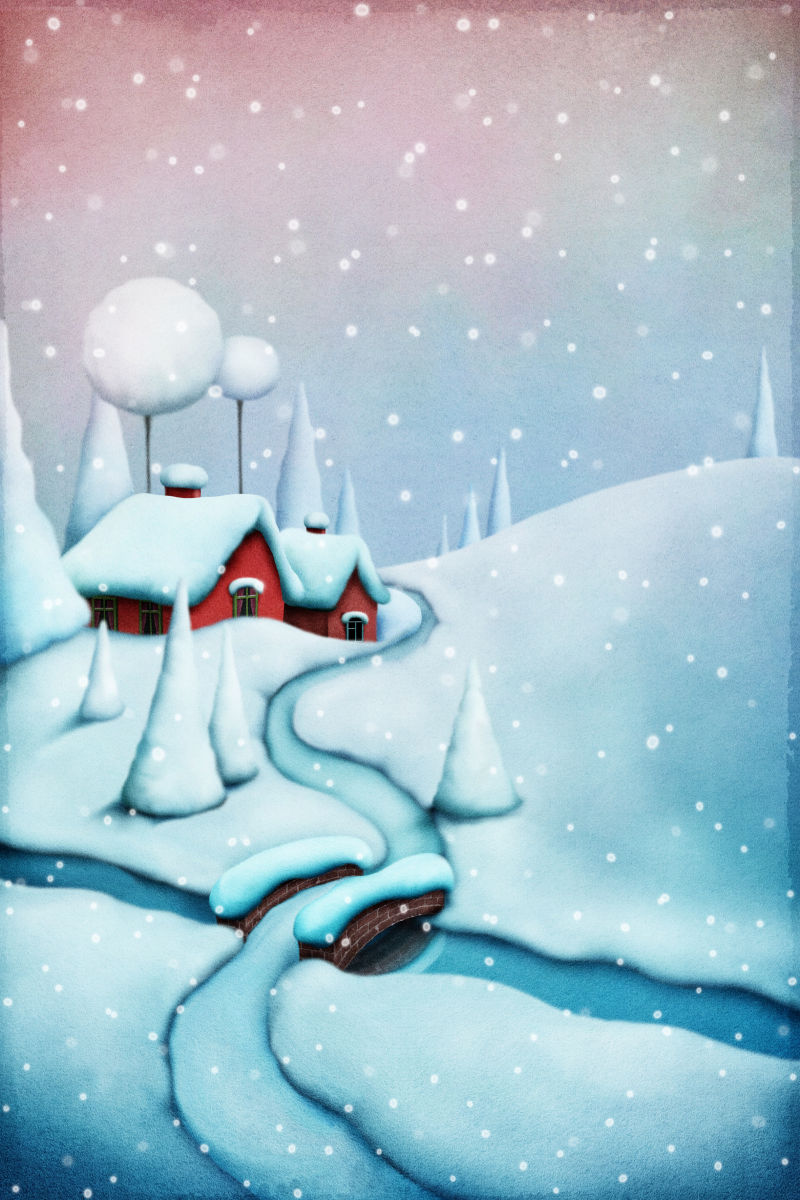 雪花覆盖下的红色童话小屋
