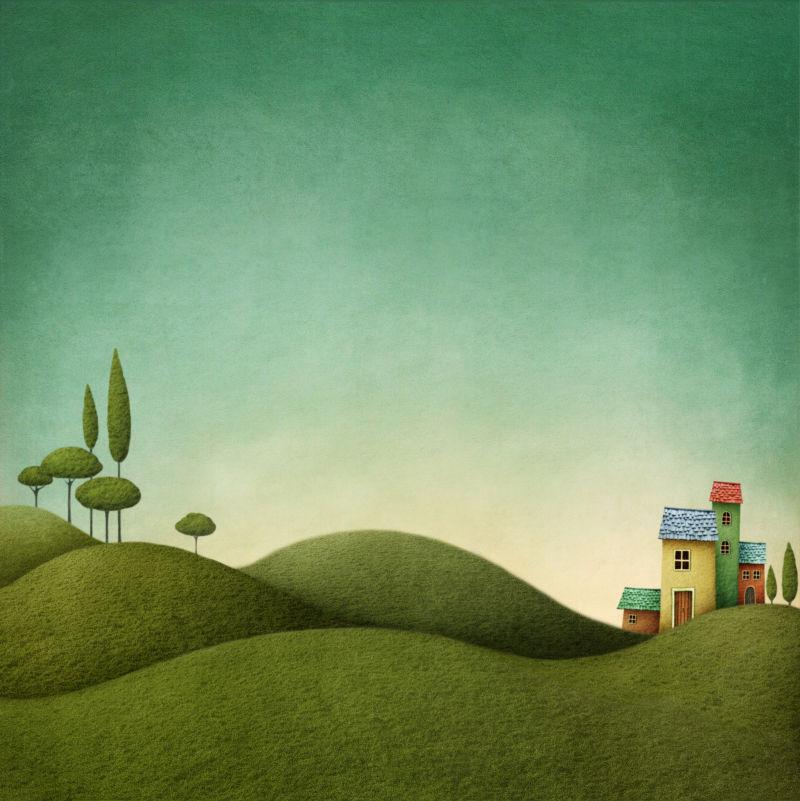 绿色山坡上的卡通小房屋插图