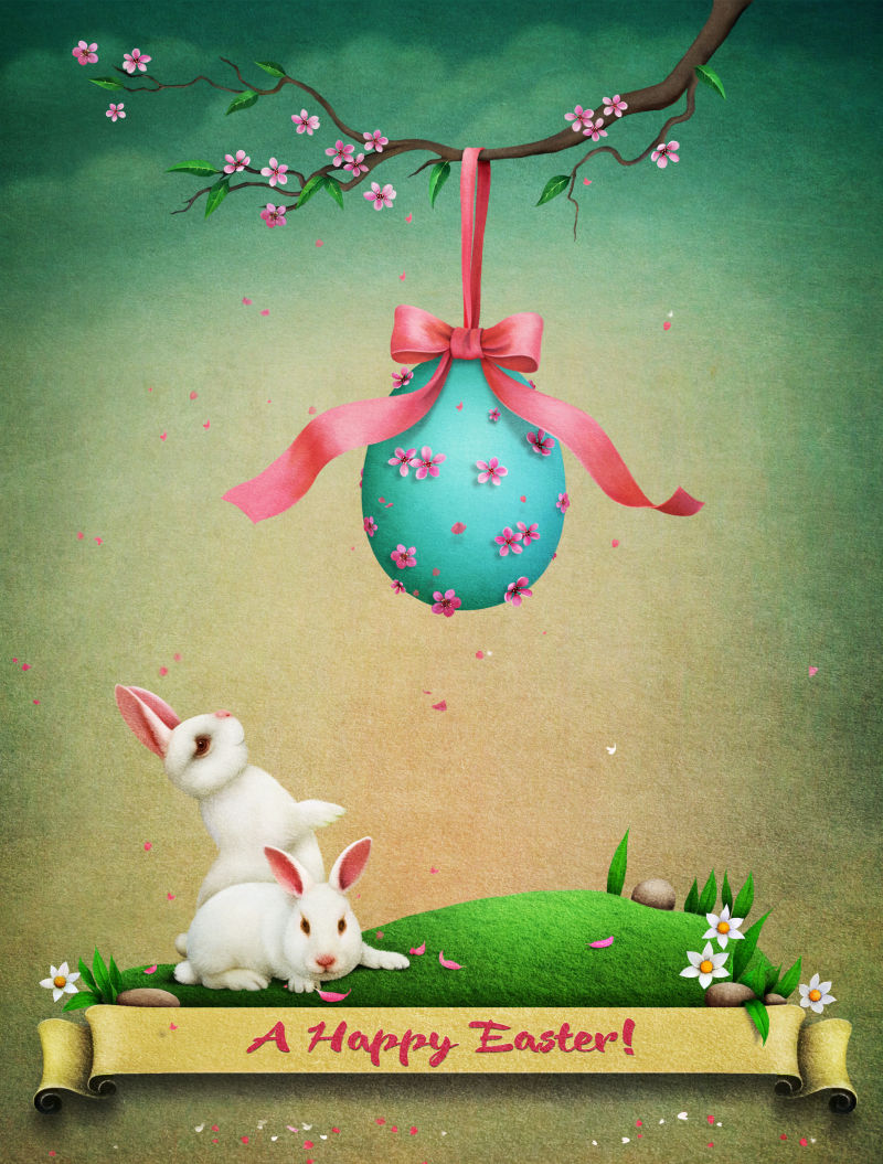 挂着复活节彩蛋的枝头下有两只白色兔子
