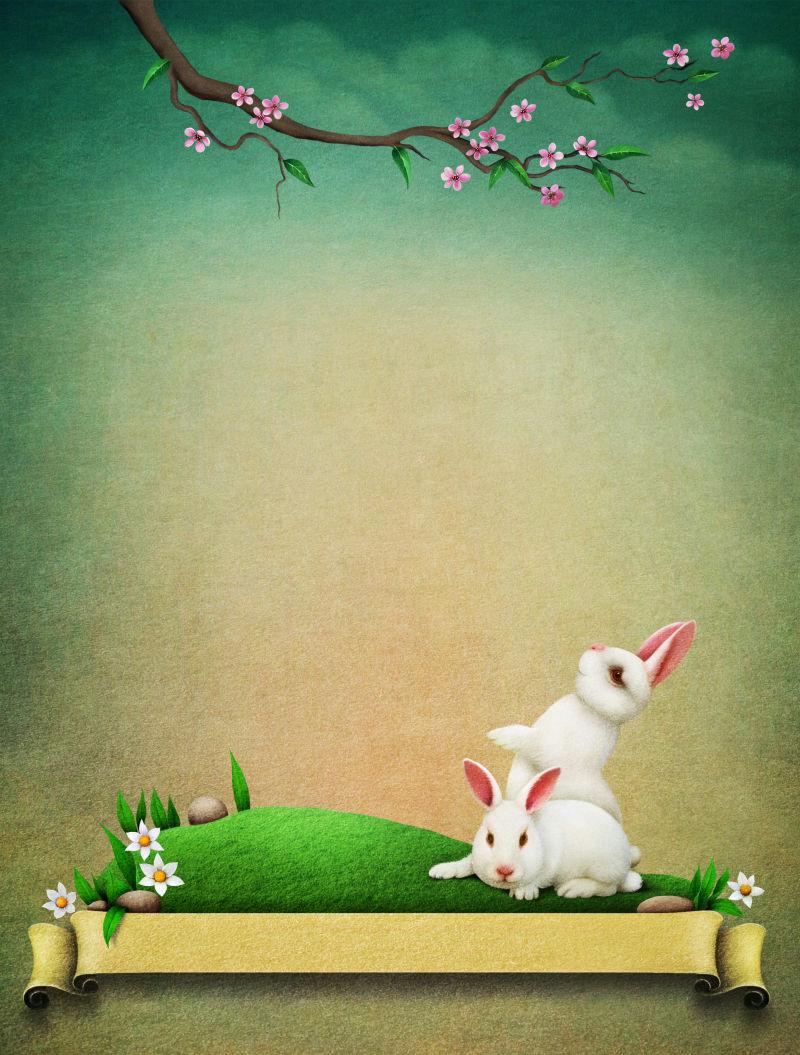 梅花树枝下的两只可爱的小白兔