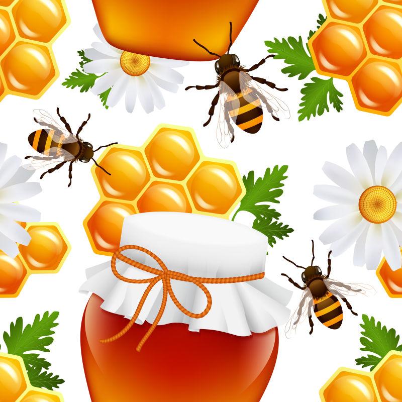 装饰蜂蜜罐头蜂箱雏菊蜂窝无缝图案插图