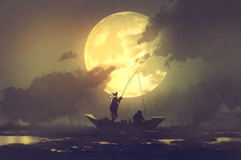 渔人剪影船上渔船大月亮背景画插图