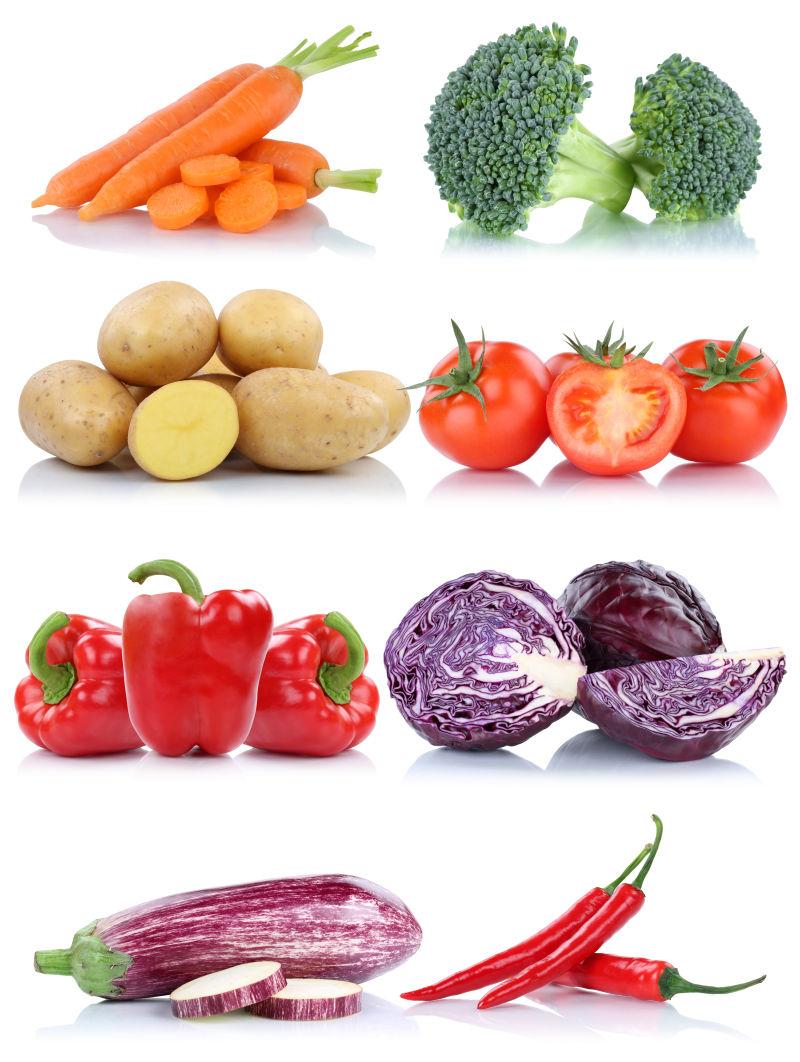 白色背景上排列整齐的不同品种的蔬菜