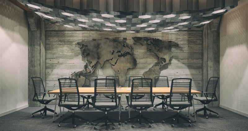 一世界地图为背景的现代会客室内部设计