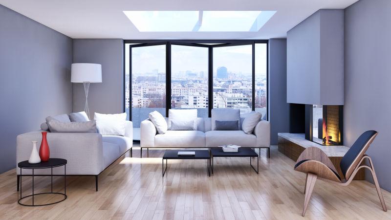 现代木质地板白色沙发的屋内设计效果