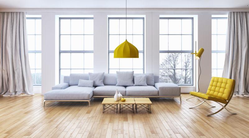 白色沙发和黄色灯的木质地板室内设计