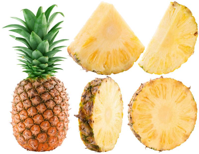 不同形状的菠萝切片在白色背景中