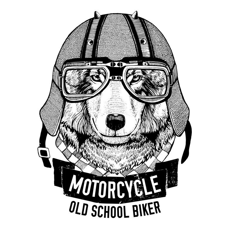 骑摩托车的带头盔的野狼手绘