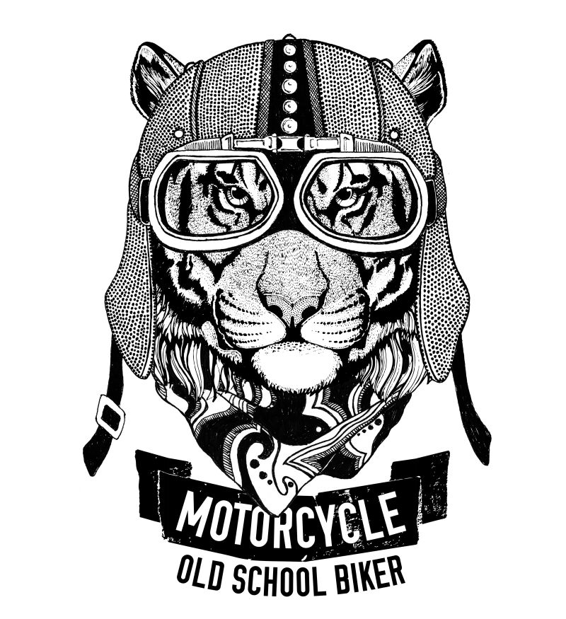 戴着头盔的老虎摩托车T恤手绘图像