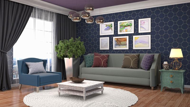 蓝色背景下的现代风格室内设计客厅里的沙发