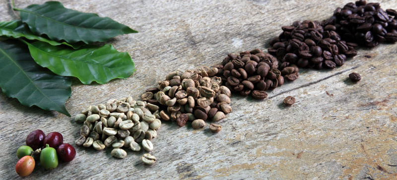 木板上不同品种的咖啡豆