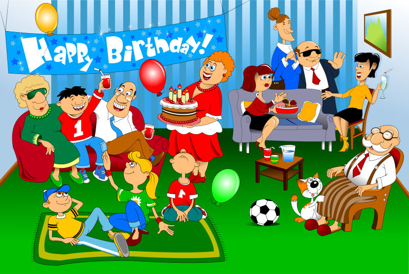 创意矢量快乐庆祝生日的一家人插图