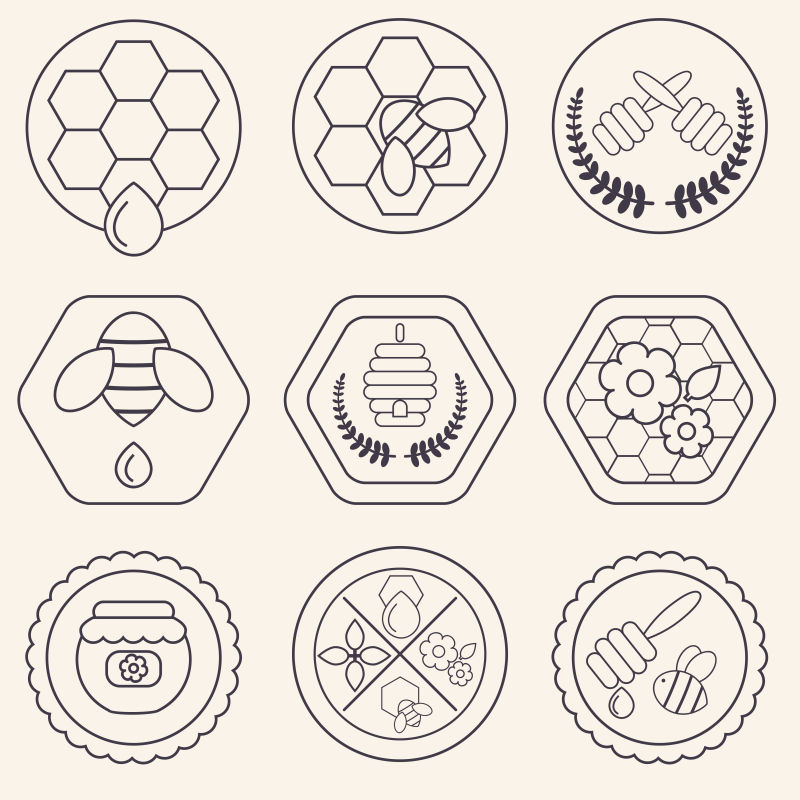创意矢量单线风格的蜂蜜相关标签插图