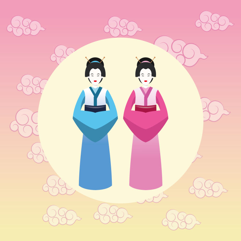 日本服饰的女人矢量插图