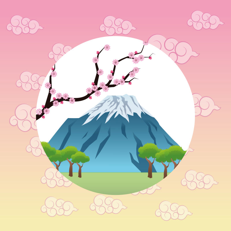 日本山林和花卉矢量插图