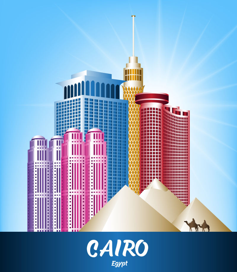 创意矢量开罗城市建筑群的插图设计 