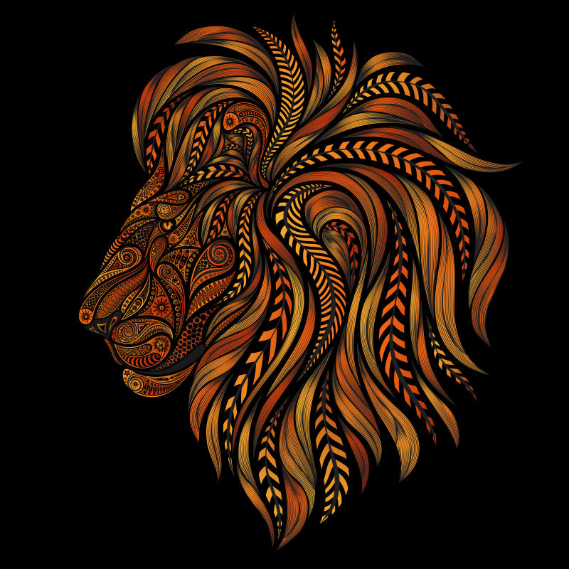 矢量彩色图腾风格的手绘狮子插图