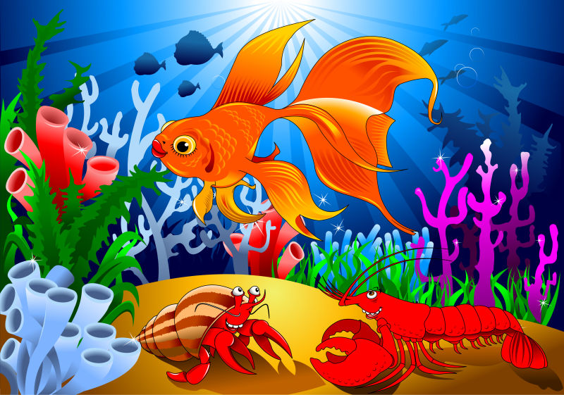 矢量海中的金鱼和蟹插图