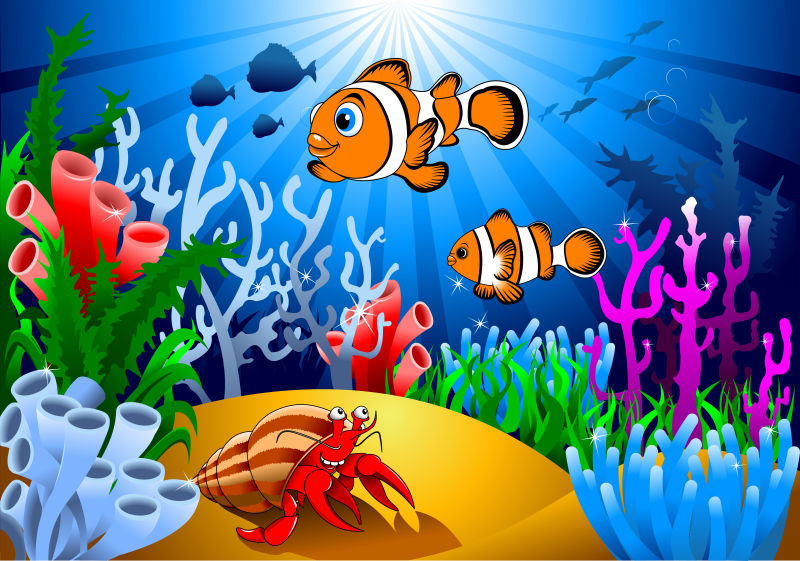 矢量卡通海底的珊瑚礁和鱼插图