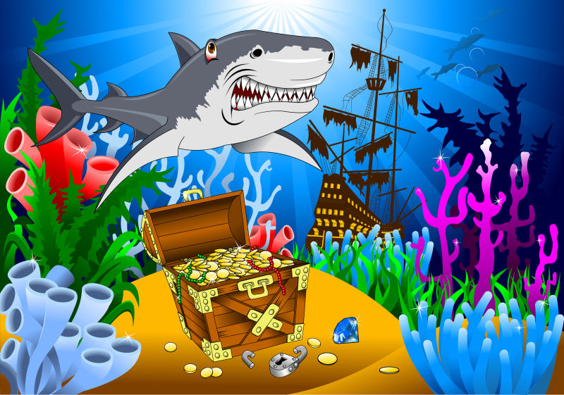 矢量卡通鲨鱼和宝藏插图