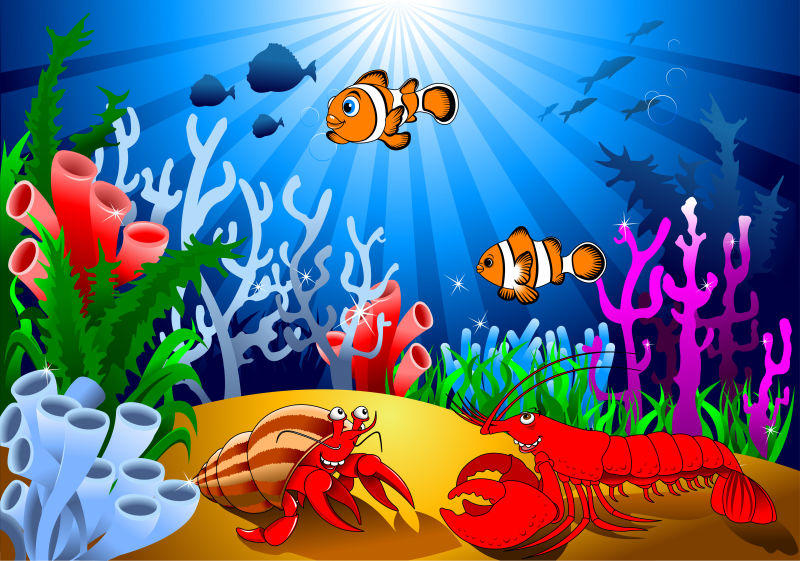 抽象矢量海底的小丑鱼和珊瑚礁卡通插图