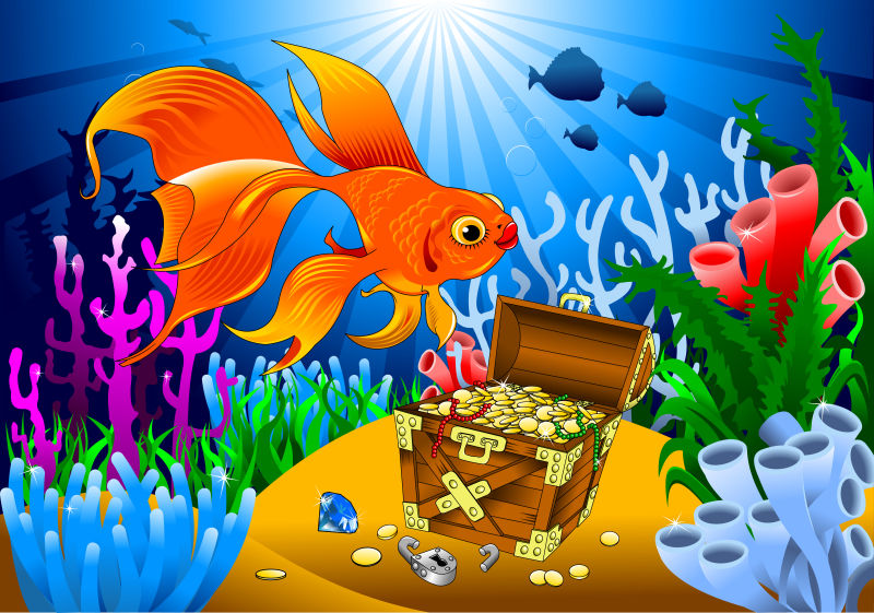 矢量海底寻宝的金鱼卡通插图