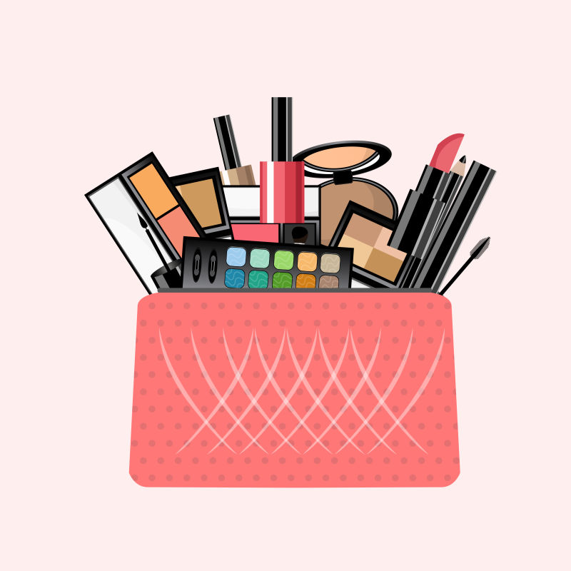 矢量装满化妆品的粉色化妆品插图