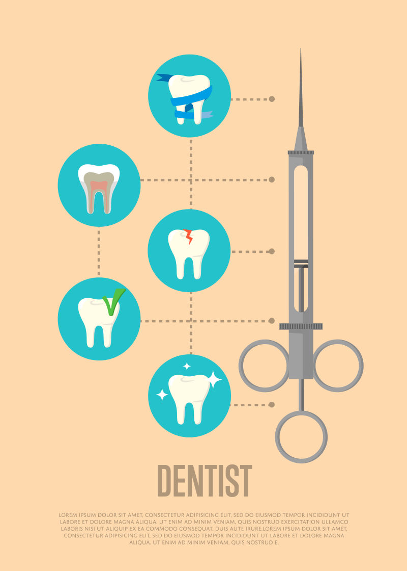 矢量牙医专用注射器和牙齿治疗图解插图