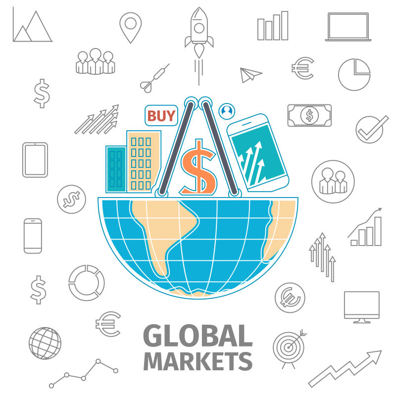 创意全球市场概念的平面插图