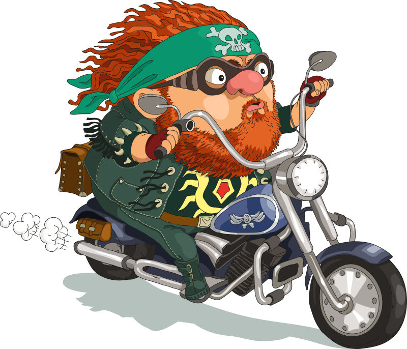 骑摩托车的卡通人物矢量插图