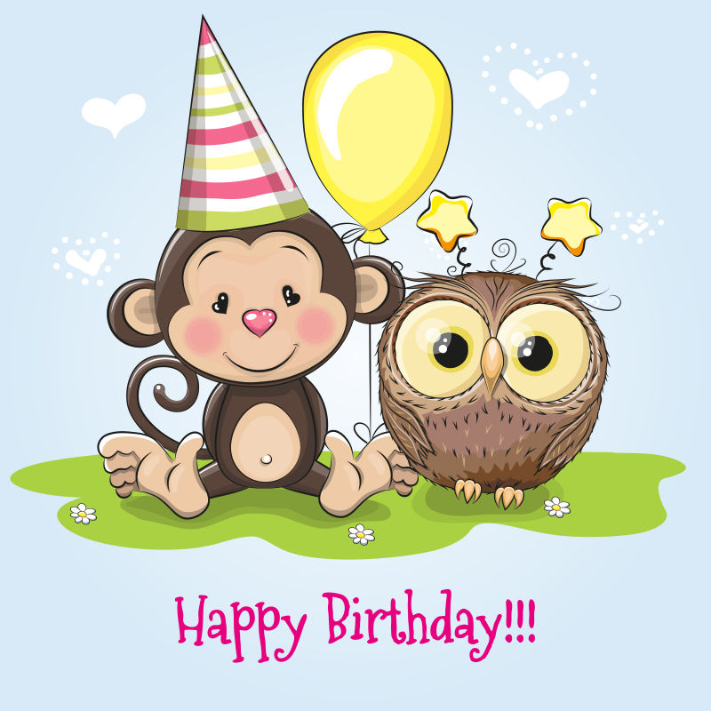 创意矢量庆祝生日的猴子和猫头鹰插图