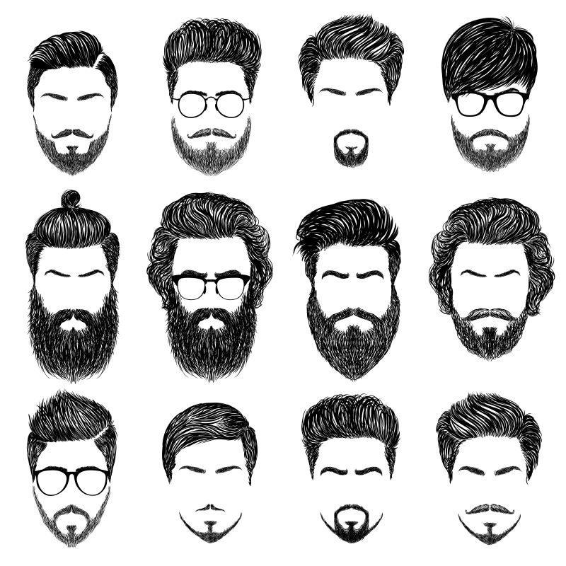 不同的男性发型矢量插图