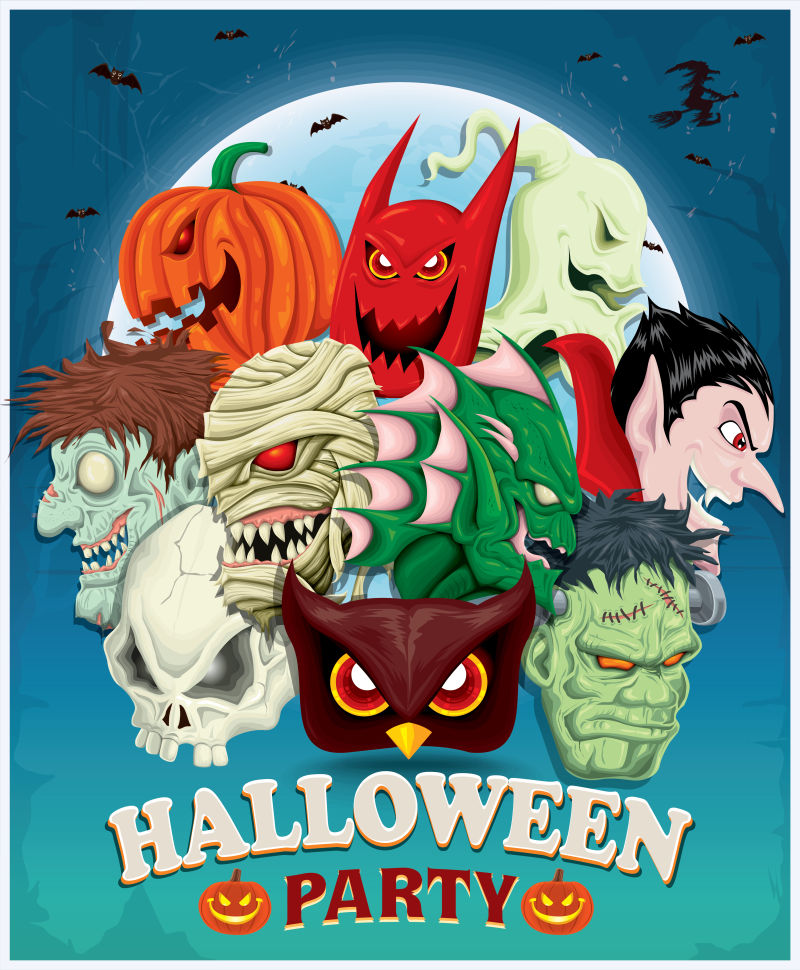 创意矢量卡通万圣节怪物元素的海报设计