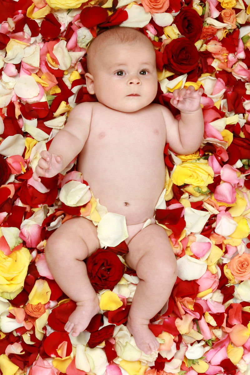 躺在玫瑰花瓣上的婴儿