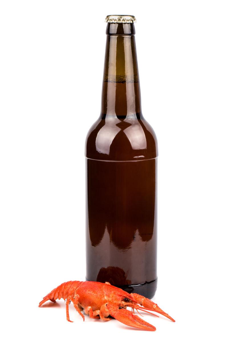 白色背景下的煮红小龙虾的暗啤酒瓶