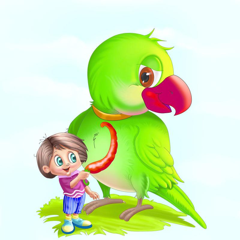卡通绿色的鹦鹉和小孩子