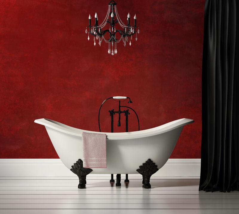 红色背景墙的豪华老式经典浴缸