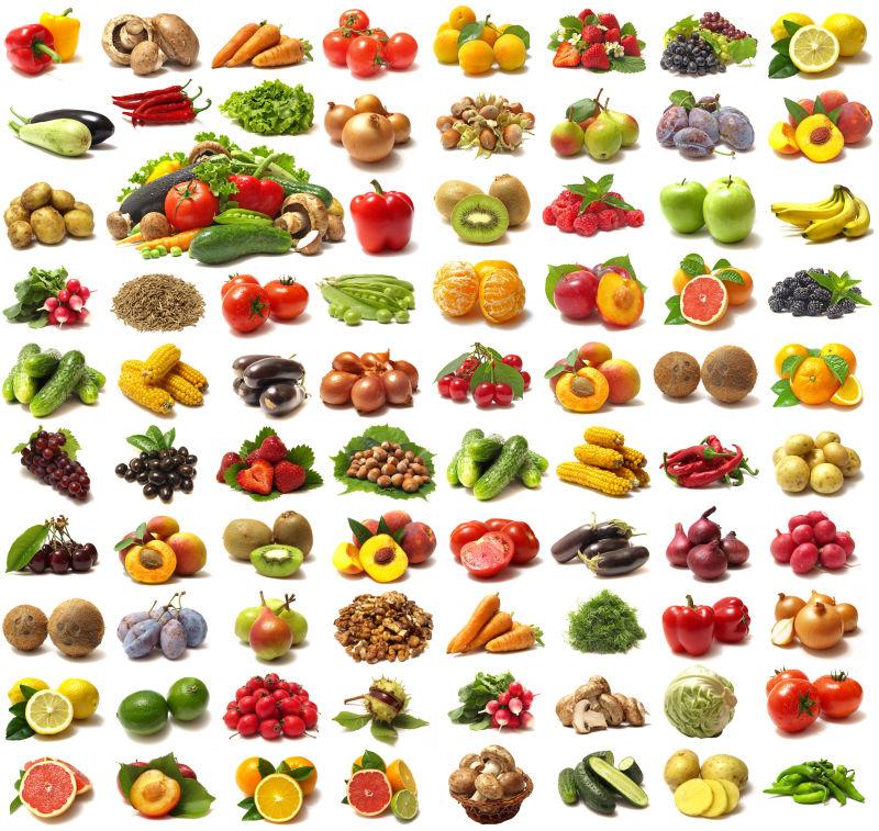 白色背景上的各种口味的水果和蔬菜