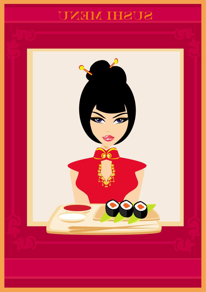 美丽亚洲女孩享受寿司菜单
