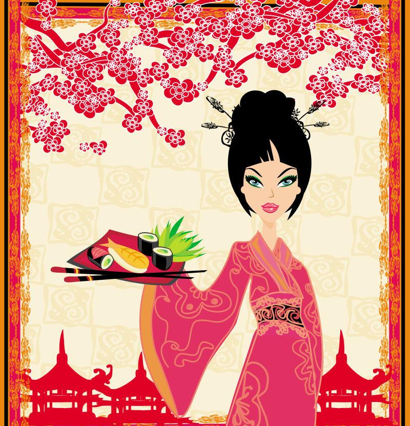日本传统美女为寿司服务
