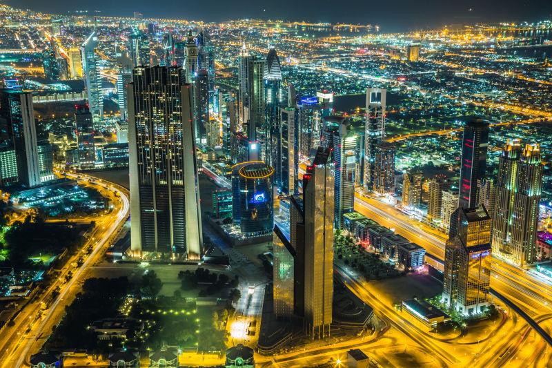 迪拜市中心夜景与城市灯光