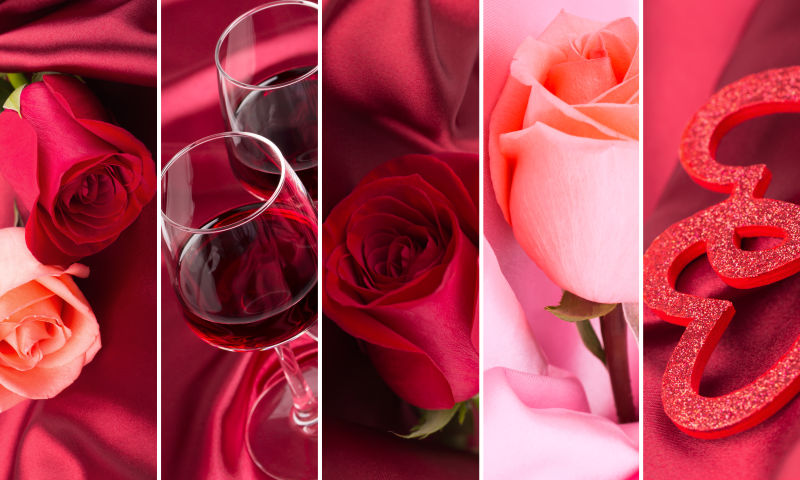 情人节玫瑰和红酒杯拼贴