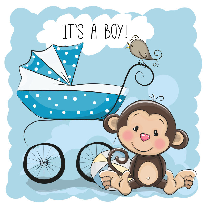 抽象矢量猴子和婴儿车卡通插图