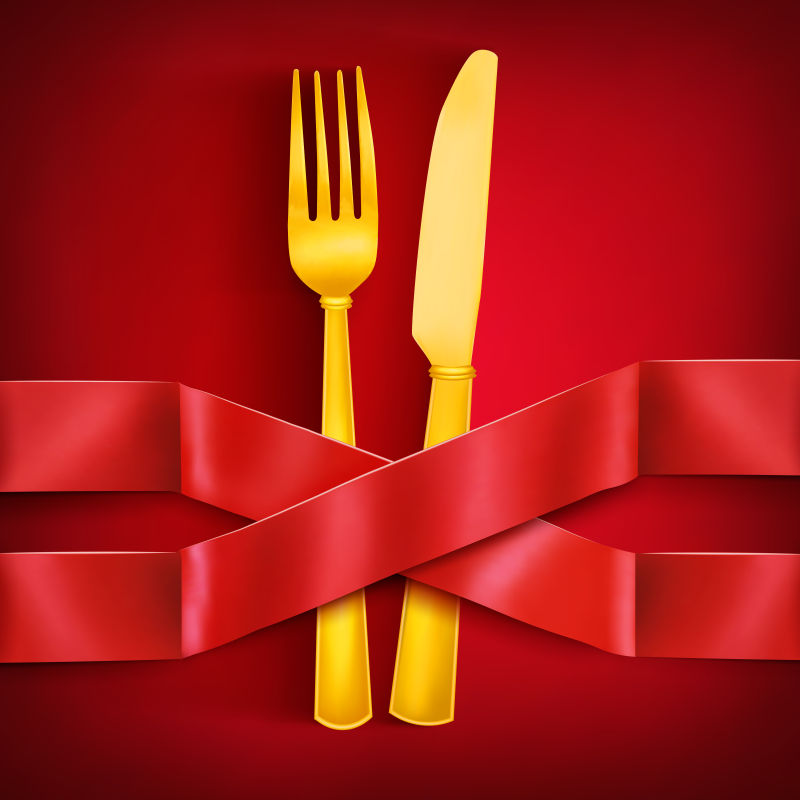 红色丝带下的金色餐具矢量插图