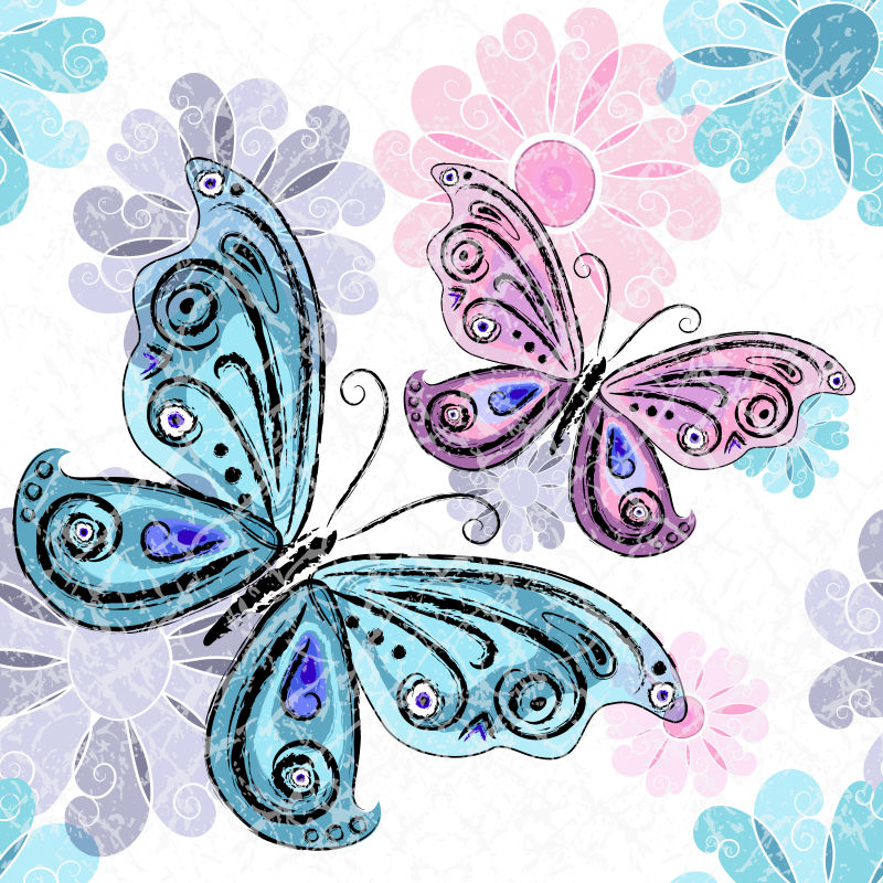 抽象矢量彩色蝴蝶花朵装饰背景