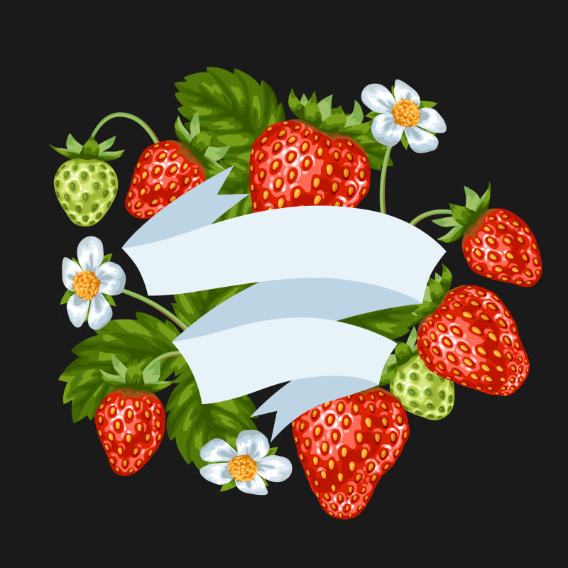 红色草莓背景下的白色丝带矢量设计