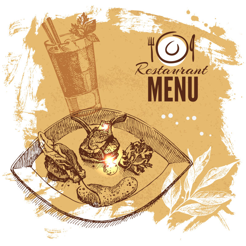 抽象矢量手绘风格的复古餐厅餐单插图