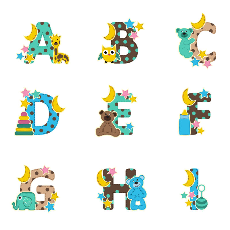 动物图案的布艺字母矢量插图