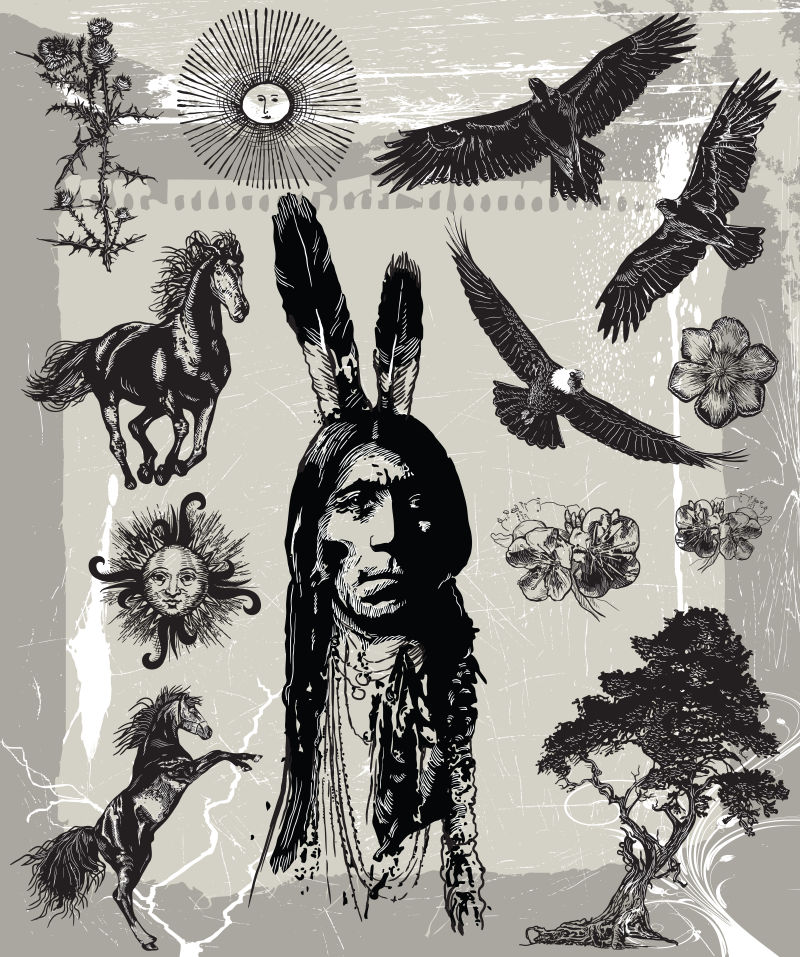 印第安勇士和动植物矢量插图